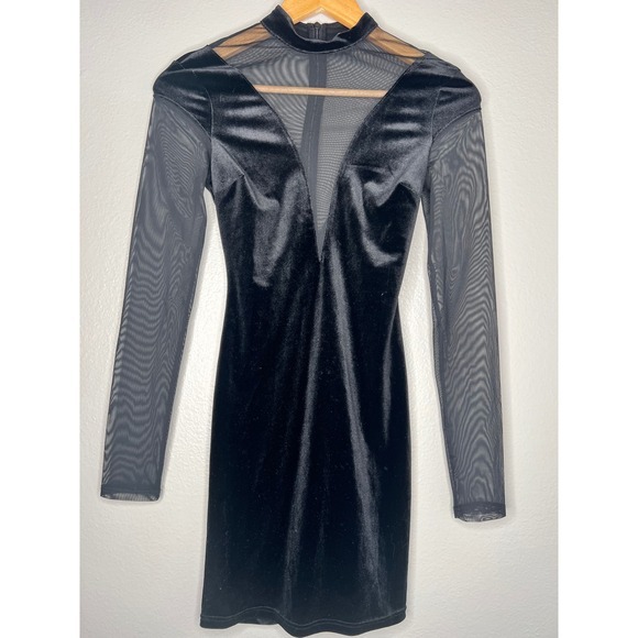 Bershka mesh and velvet cut-out mini dress in black Velvet Mesh Bodycon Clubwear - Picture 3 of 8